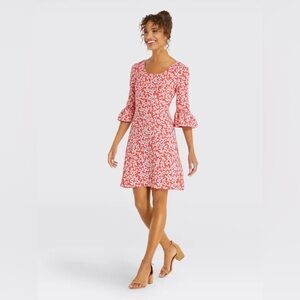 Draper James Red Coral and Blue Floral Ruffle Sleeve Dress